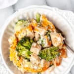 A bowl of keto chicken divan with text overlay.