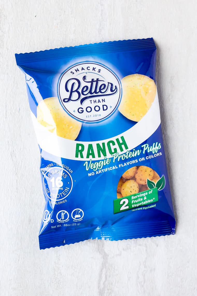 A bag of Better Than Good Ranch Veggie Puffs on a white background