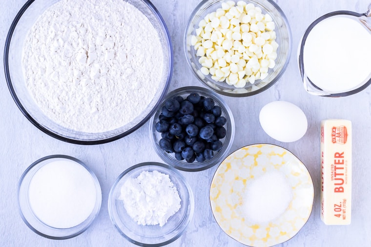 Ingredients needed to make blueberry buttermilk scones