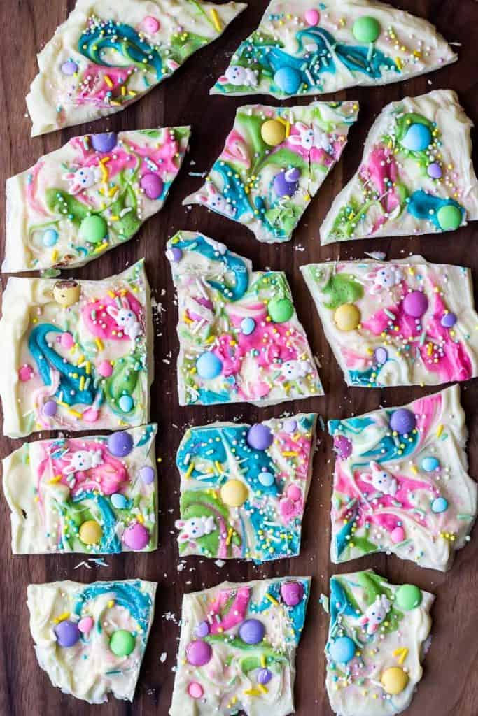 Easter bark on a cutting board broken into many pieces