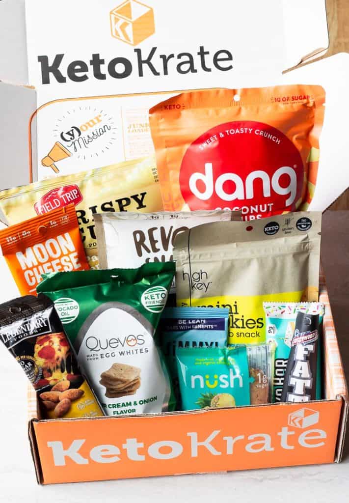 April 2020 Keto Krate box with all of the items arranged inside it