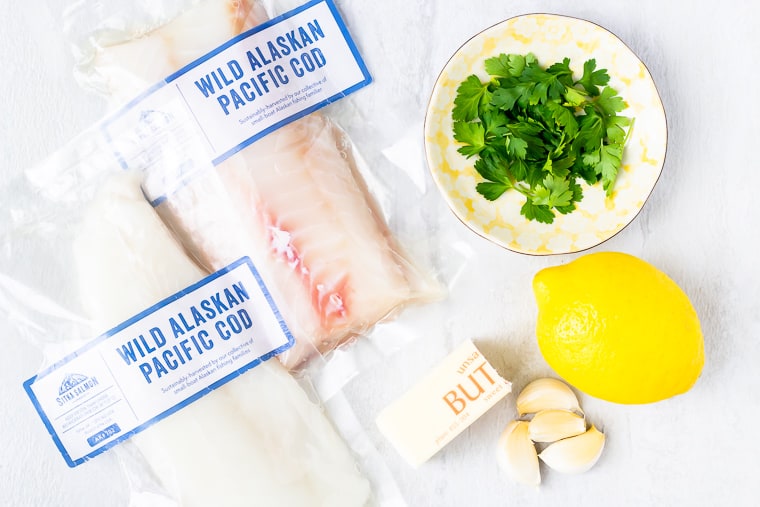 Ingredients needed to make broiled cod with lemon garlic butter sauce