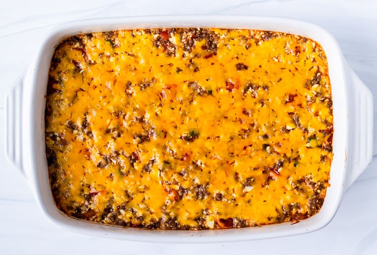 A baked keto mexican casserole in a large casserole dish