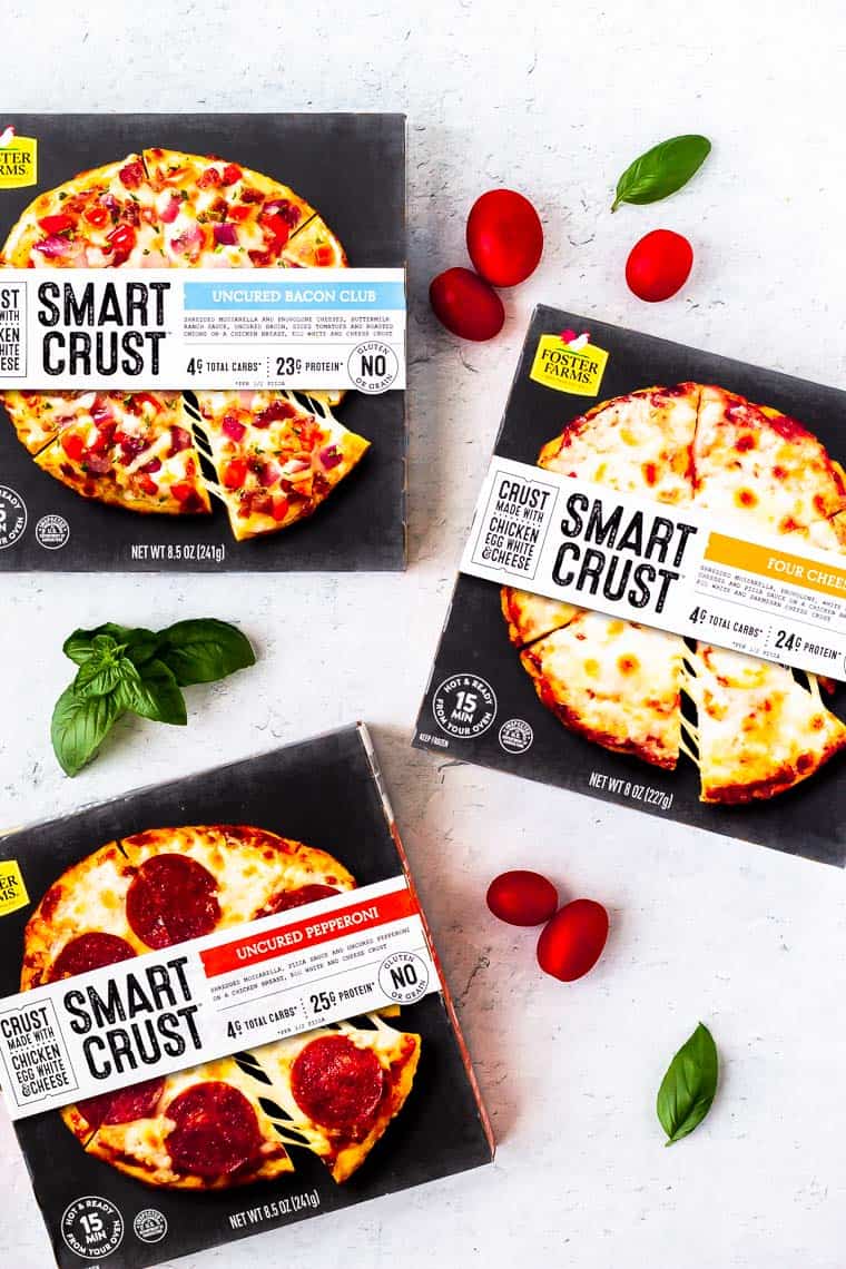 Foster Farms Smart Crust Pizza boxes in all three varieties on a white background