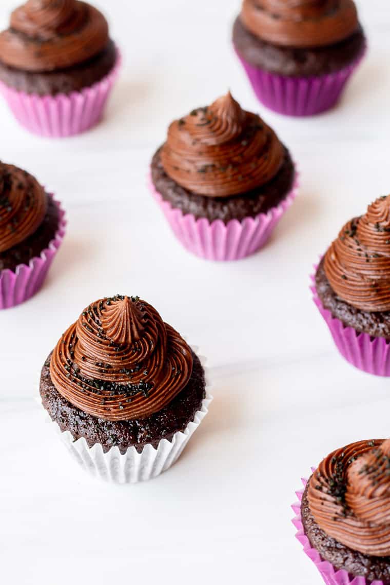Mini Chocolate Cupcakes spread out onto a white background