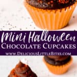 2 images of Mini Chocolate halloween cupcakes on a white background with text overlay between them