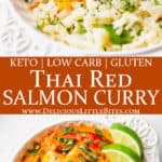 Two images of curry salmon with text overlay between them.