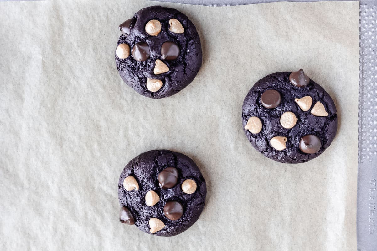 Baked dark chocolate chip peanut butter cookies on parchment paper