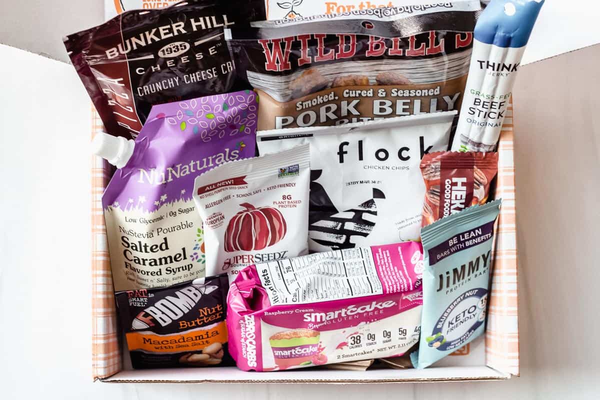 Opened October 2020 Keto Krate with all of the keto snacks displayed inside the box