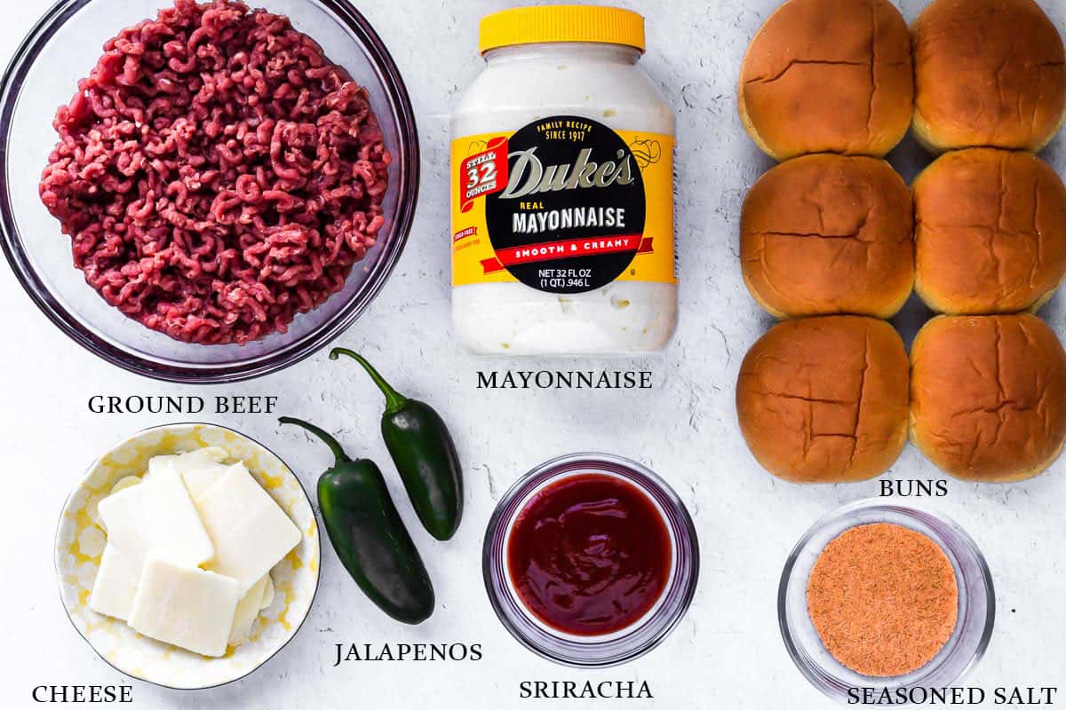 Ingredients to make spicy beef sliders on a white background with labels