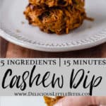 2 images of fritters and cashew dip with text overlay between them