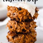 Fritters topped with cashew dip with text overlay