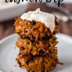 Fritters topped with cashew dip with text overlay