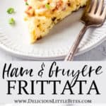 2 images of a ham and cheese frittata separated by text overlay