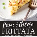 2 images of a ham and cheese frittata separated by text overlay