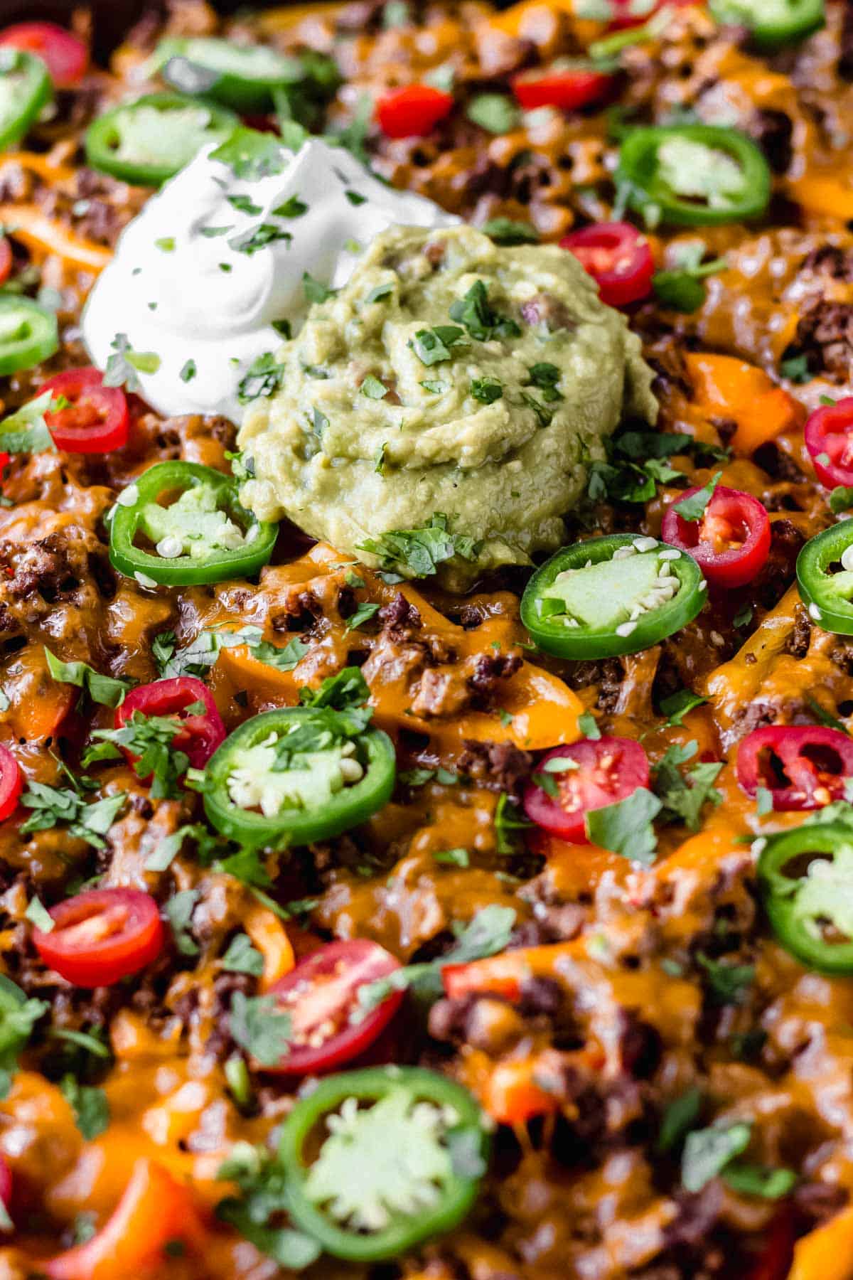 Close up of loaded bell pepper nachos
