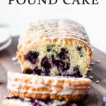 Blueberry pound cake with text overlay