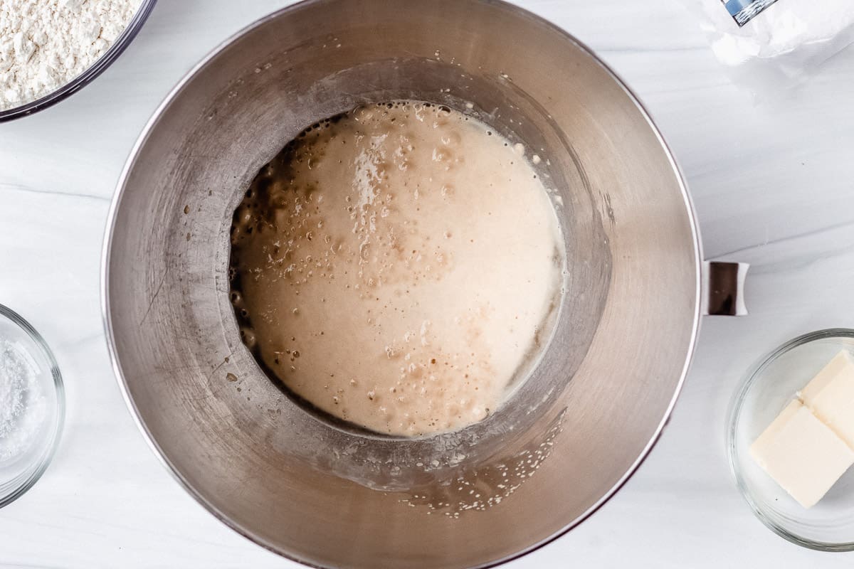 yeast proofing in a silver mixing bowl