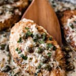 Creamy chicken piccata with text overlay