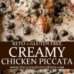 2 images of creamy chicken piccata with text overlay