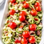 Keto zucchini pasta salad with text overlay