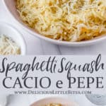 2 images of spaghetti squash cacio e pepe with text overlay between them