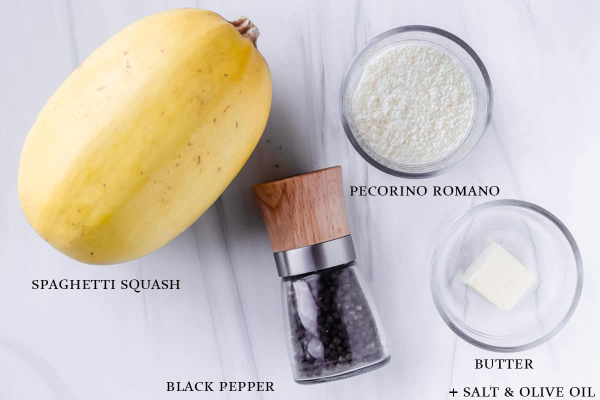 Ingredients to make spaghetti squash cacio e pepe on a white background with labels