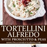 2 images of tortellini alfredo with text overlay between them
