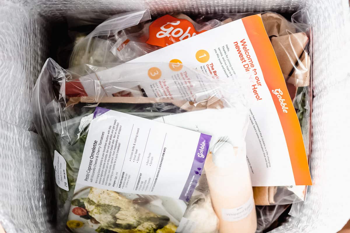 Gobble packaging showing meals in bags inside of an insulated box
