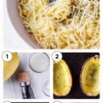 Steps to make spaghetti squash cacio e pepe with text overlay