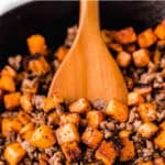 maple sausage sweet potato hash with text overlay