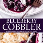 2 images of blueberry cobbler with text overlay between them