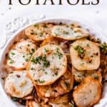 Lyonnaise potatoes with text overlay
