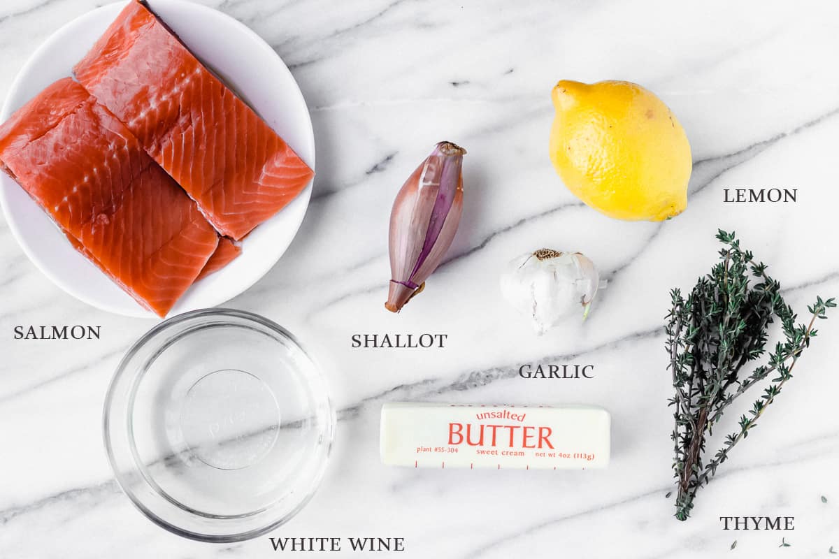 Ingredients to make poached salmon on a white backdrop with labels