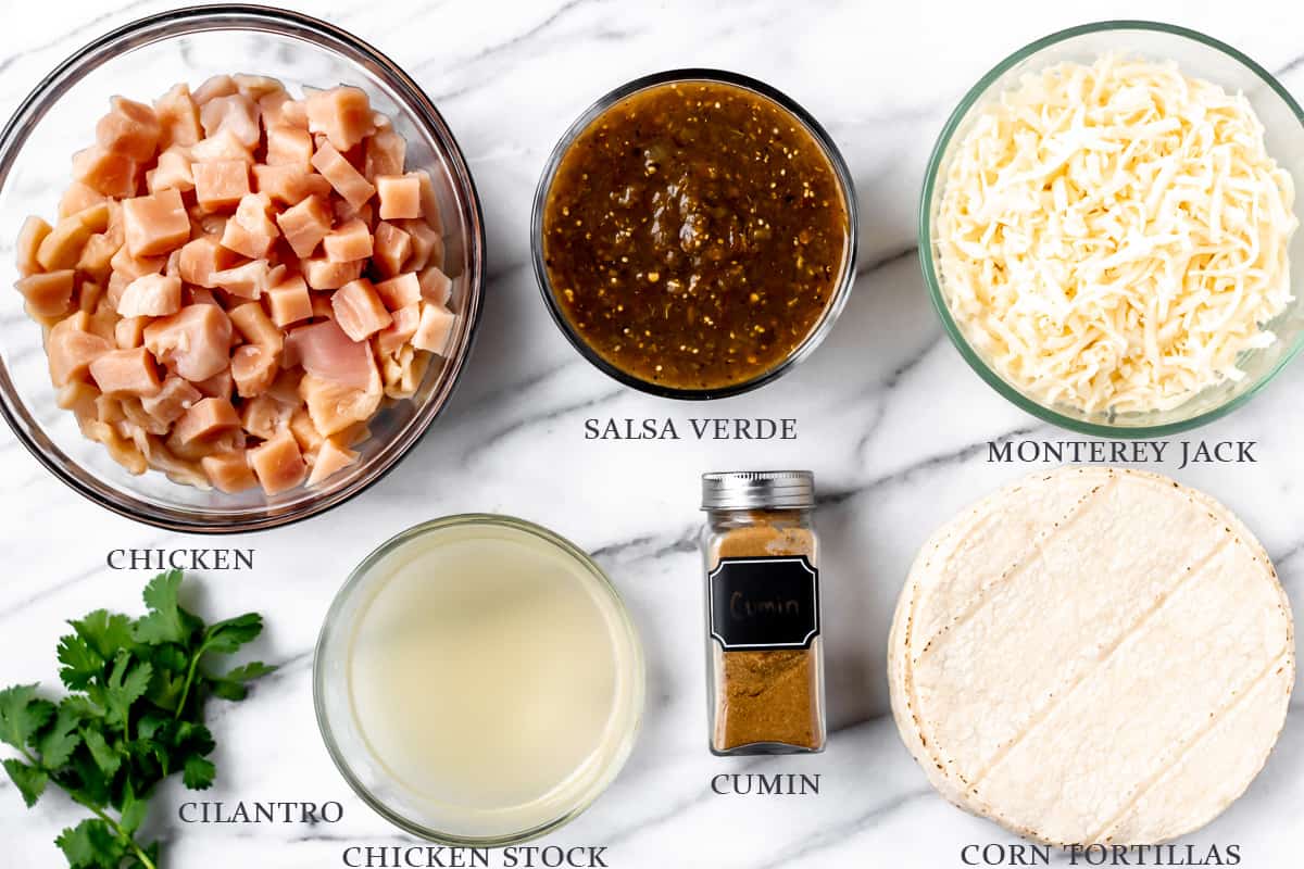 Ingredients for chicken enchilada casserole on a white background with labels