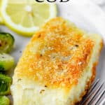 Potato crusted cod with text overlay