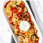 Roasted summer vegetables and burrata with text overlay