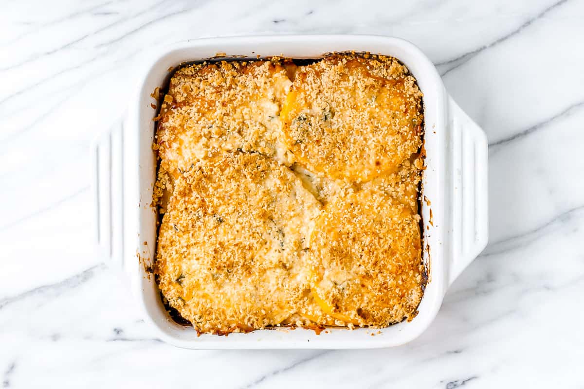 Baked Rutabaga Gratin in a white, square baking dish