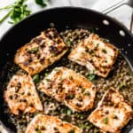 Salmon piccata with text overlay