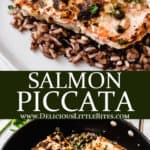 2 images of salmon piccata with text overlay between them