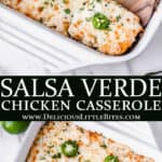2 images of Salsa verde chicken casserole with text overlay between them