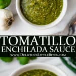 2 images of tomatillo enchilada sauce with text overlay between them