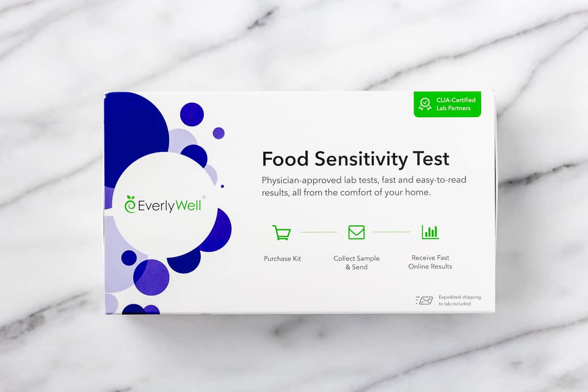 Everlywell Food Sensitivity Test box on a marble background