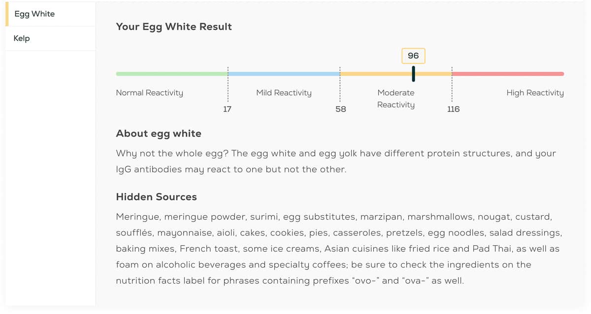 Everlywell food sensitivity test results screenshot
