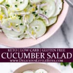 2 images of keto creamy cucumber salad with text overlay between them
