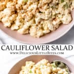 2 images of cauliflower potato salad with text overlay between them