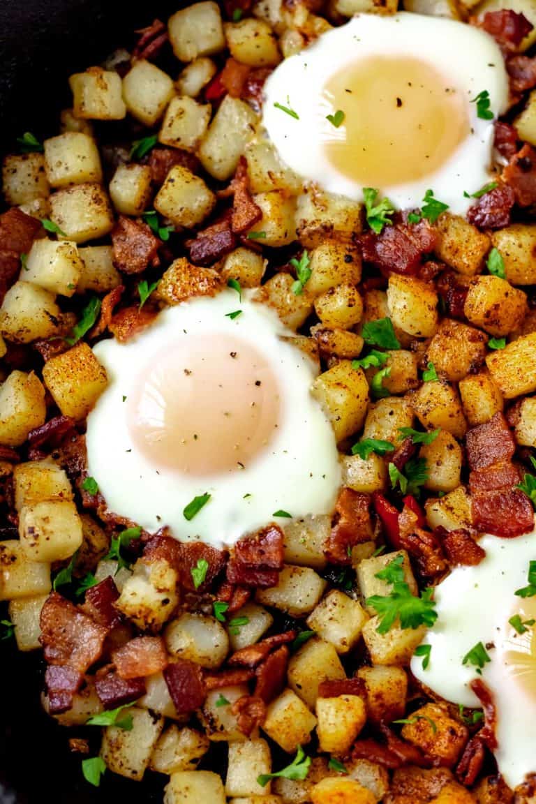 Potato Hash with Bacon and Eggs - Delicious Little Bites