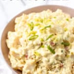 amish potato salad in a bowl with text overlay