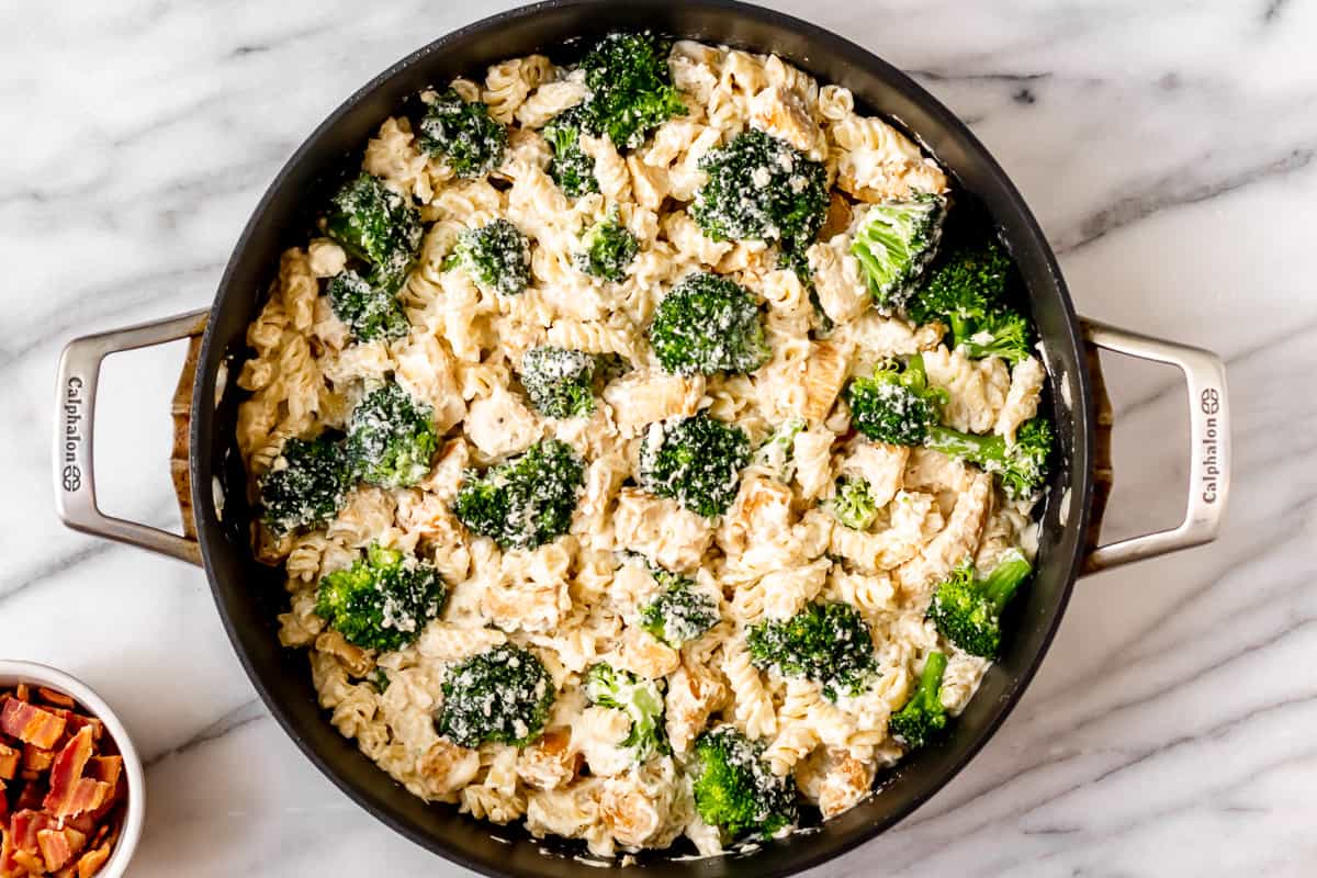 Broccoli and pasta in a cream cheese ranch sauce