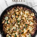 barbecue and cauliflower skillet meal with text overlay
